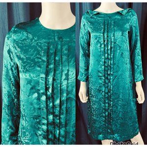36” Waist, 38” Bust Teal Floral Jacquard Pencil Pleated Satin Dress Vintage